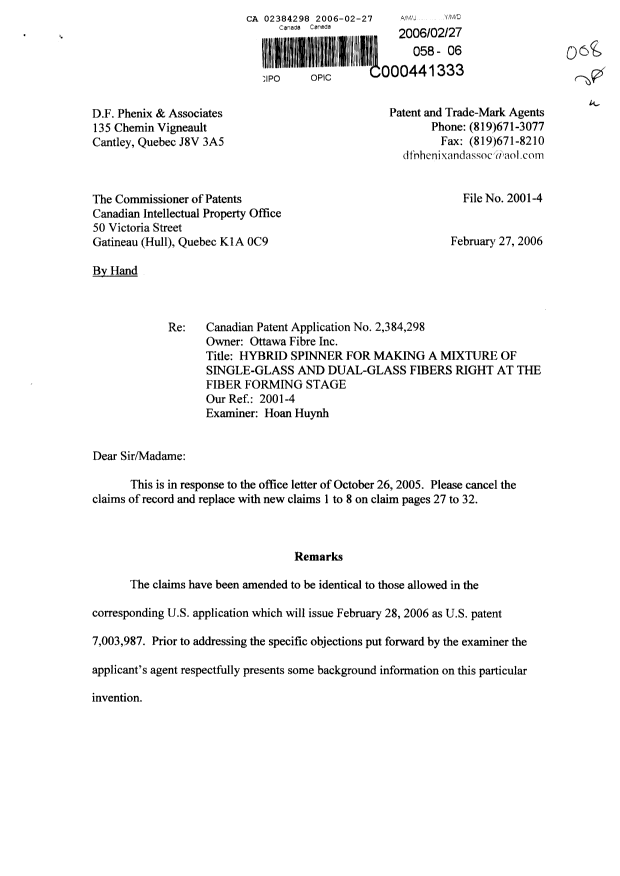 Canadian Patent Document 2384298. Prosecution-Amendment 20060227. Image 1 of 12