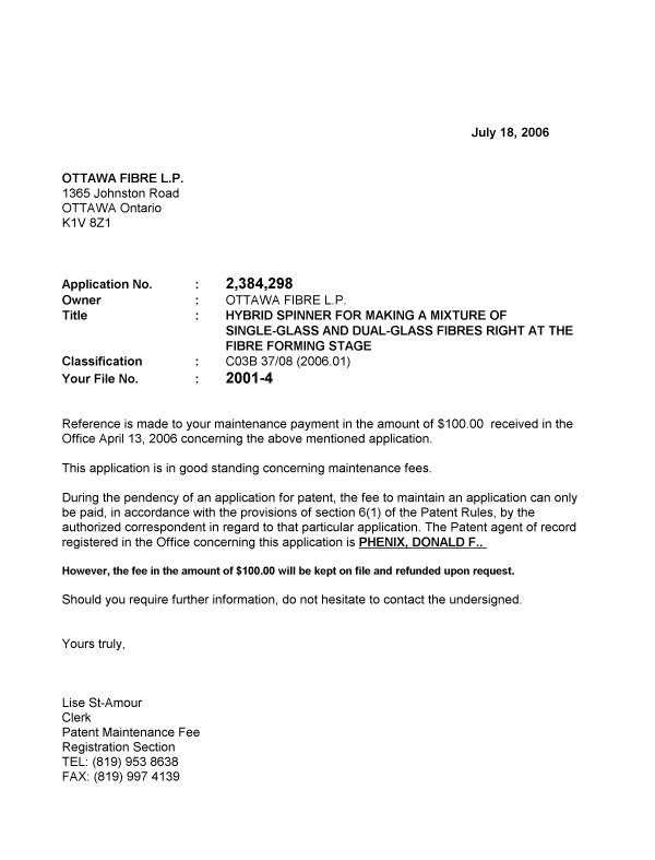 Canadian Patent Document 2384298. Correspondence 20060718. Image 1 of 1
