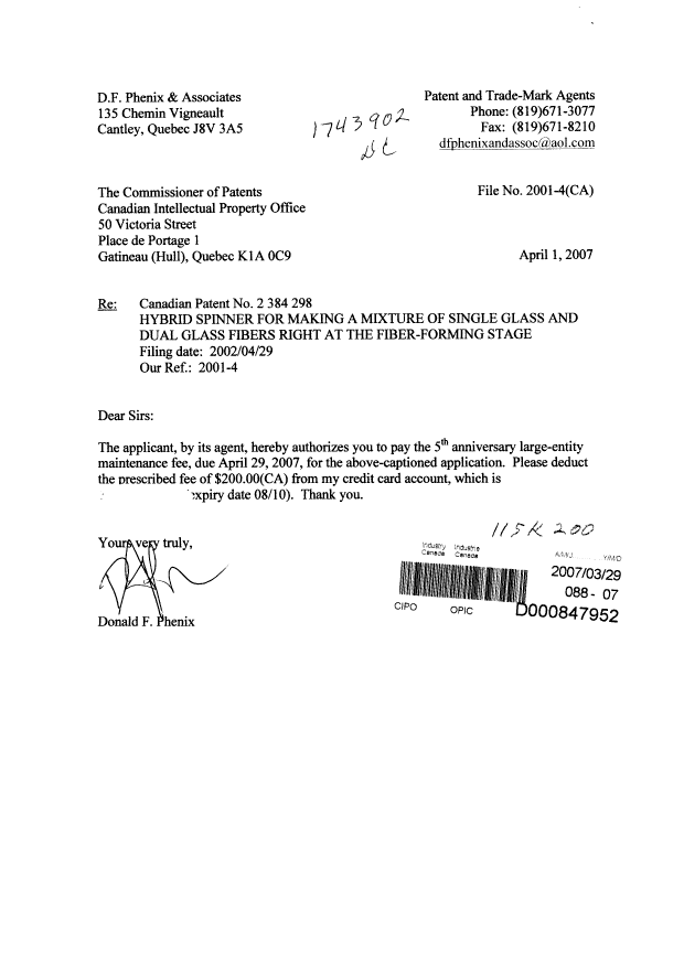 Canadian Patent Document 2384298. Fees 20070329. Image 1 of 1