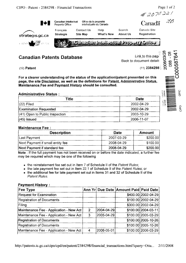 Canadian Patent Document 2384298. Fees 20080328. Image 1 of 3