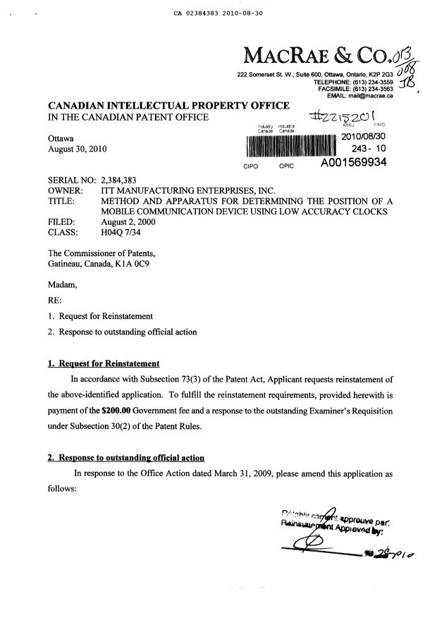 Document de brevet canadien 2384383. Poursuite-Amendment 20100830. Image 1 de 15