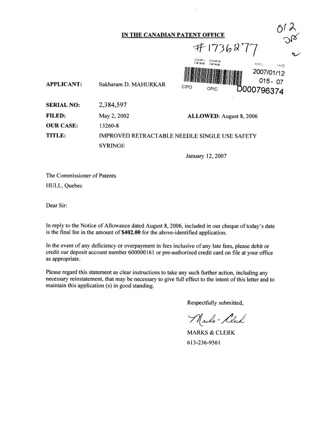 Canadian Patent Document 2384597. Correspondence 20061212. Image 1 of 1