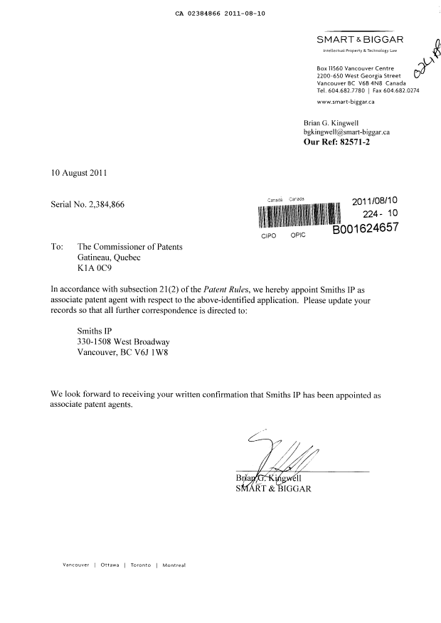 Document de brevet canadien 2384866. Correspondance 20110810. Image 1 de 1