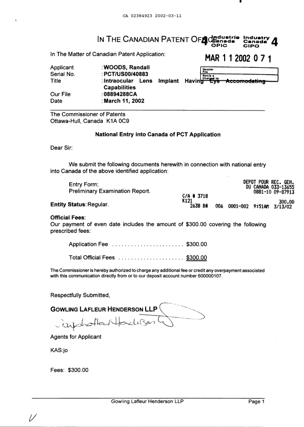 Document de brevet canadien 2384923. Cession 20020311. Image 1 de 3