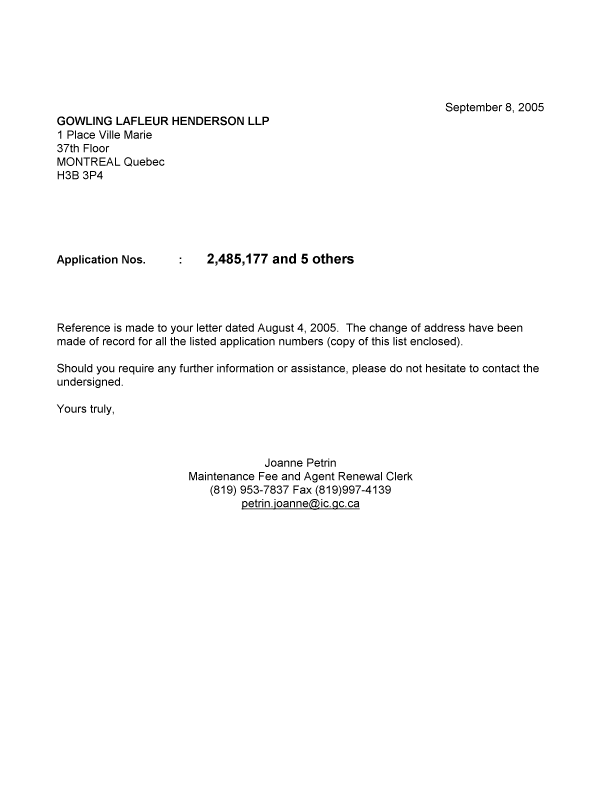 Document de brevet canadien 2384923. Correspondance 20050908. Image 1 de 1