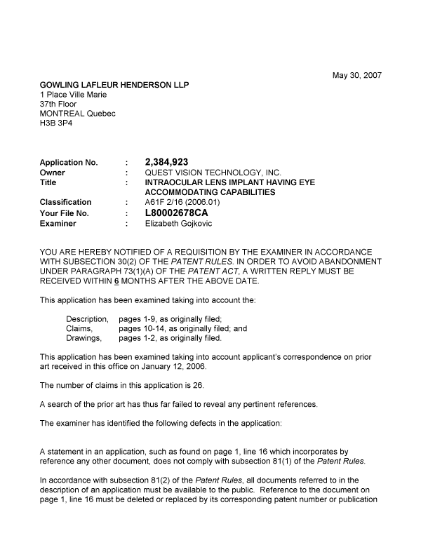 Canadian Patent Document 2384923. Prosecution-Amendment 20070530. Image 1 of 2