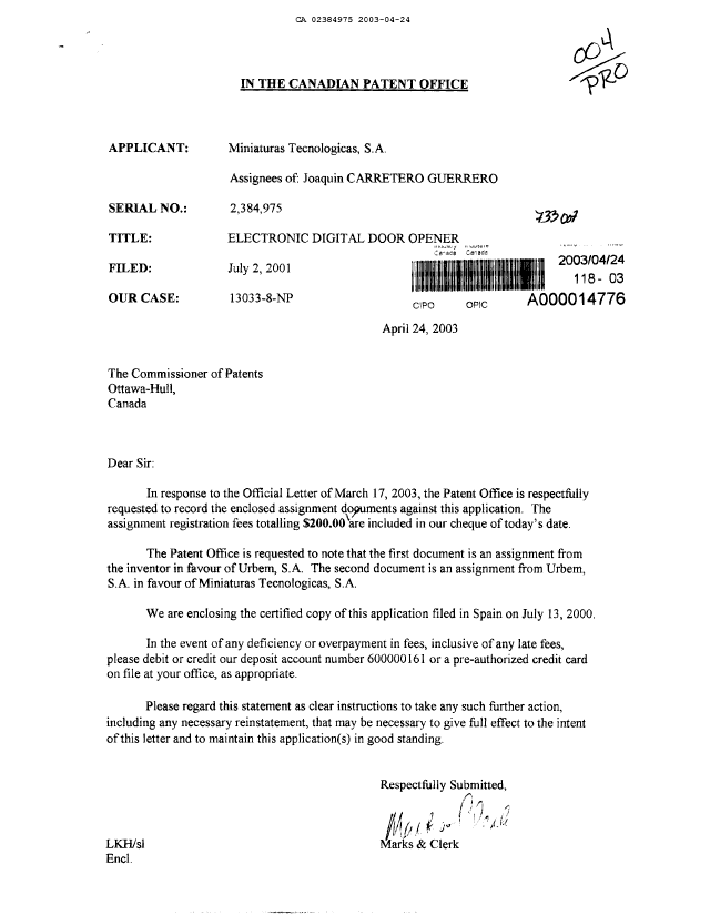 Canadian Patent Document 2384975. Prosecution Correspondence 20030424. Image 1 of 1