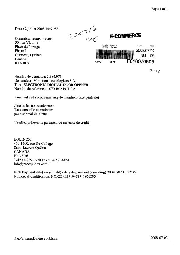 Canadian Patent Document 2384975. Fees 20080702. Image 1 of 1