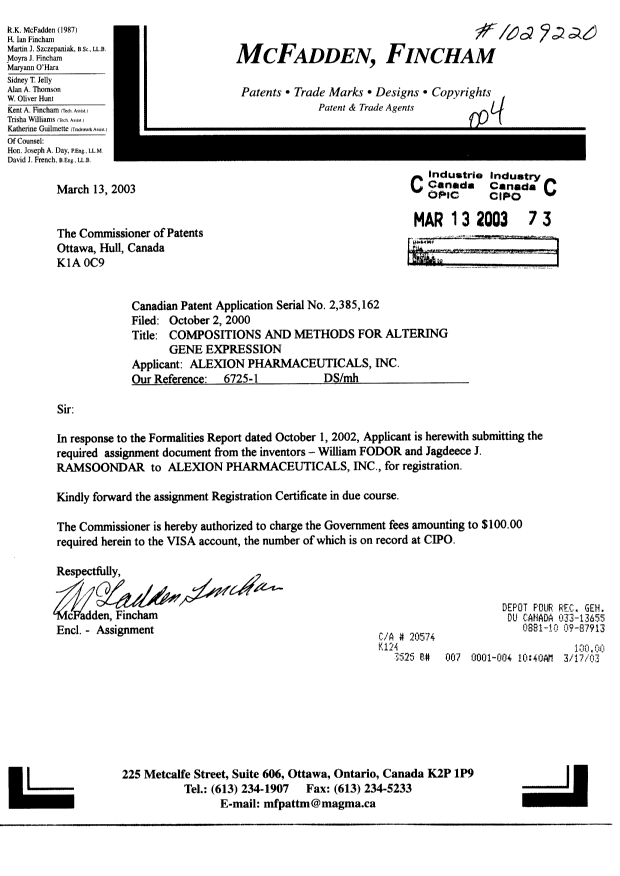 Document de brevet canadien 2385162. Cession 20030313. Image 1 de 4