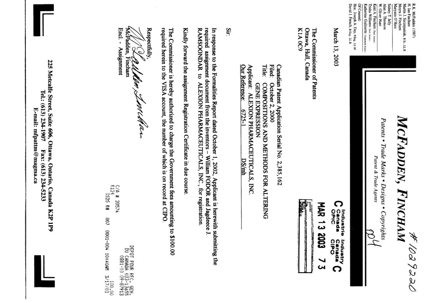 Canadian Patent Document 2385162. Assignment 20030313. Image 1 of 4