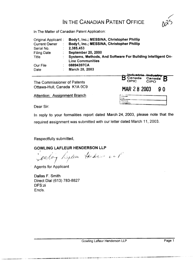Document de brevet canadien 2385453. Cession 20030328. Image 1 de 1