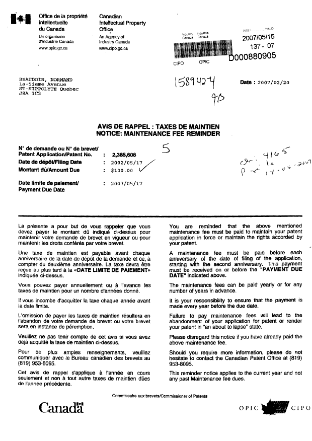 Document de brevet canadien 2385608. Taxes 20070515. Image 1 de 3