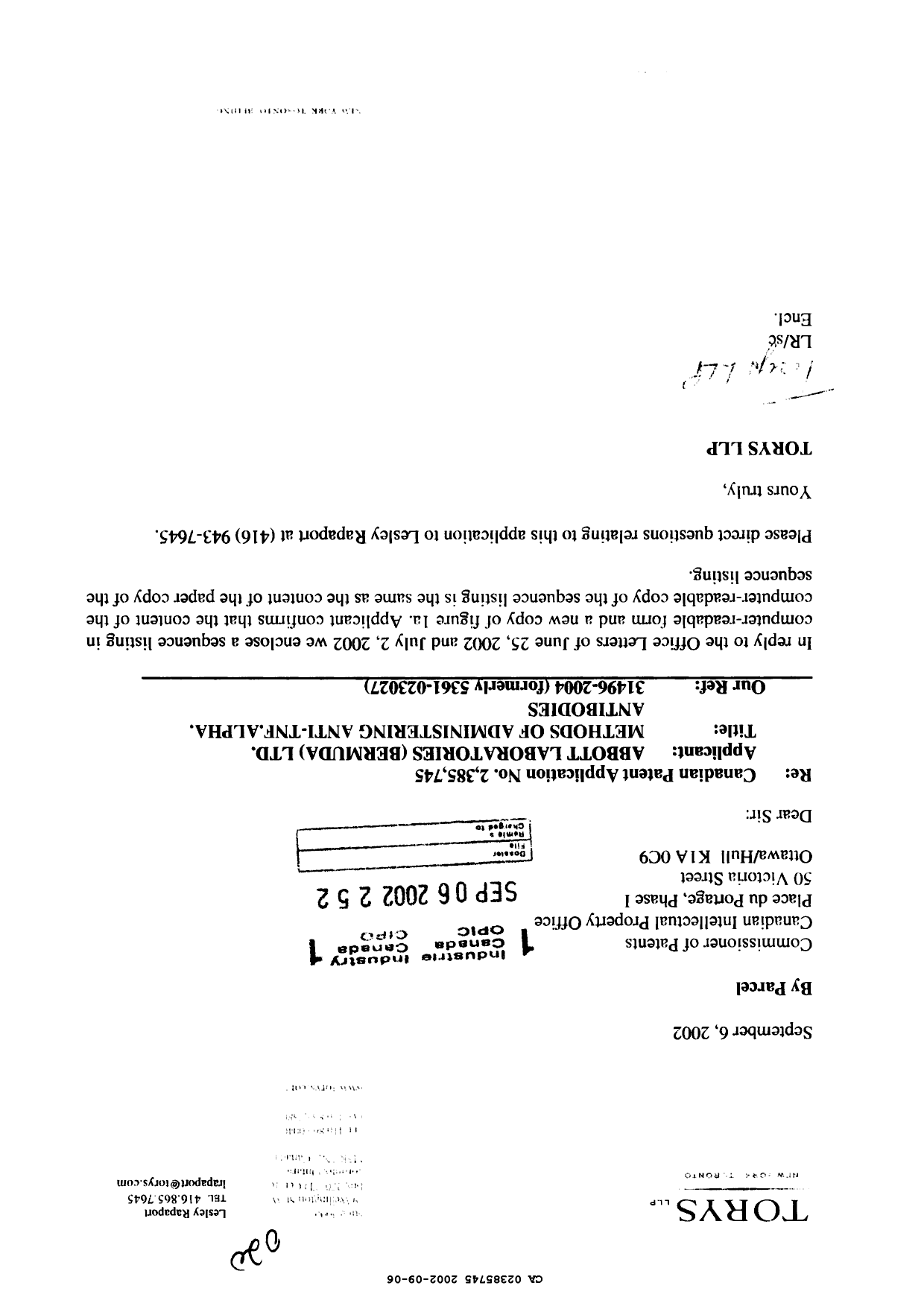 Canadian Patent Document 2385745. Correspondence 20011206. Image 1 of 2