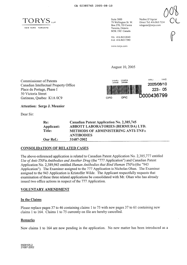 Canadian Patent Document 2385745. Prosecution-Amendment 20041210. Image 1 of 27