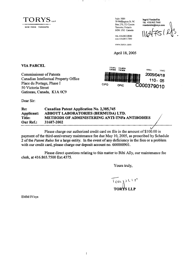 Document de brevet canadien 2385745. Taxes 20041218. Image 1 de 1