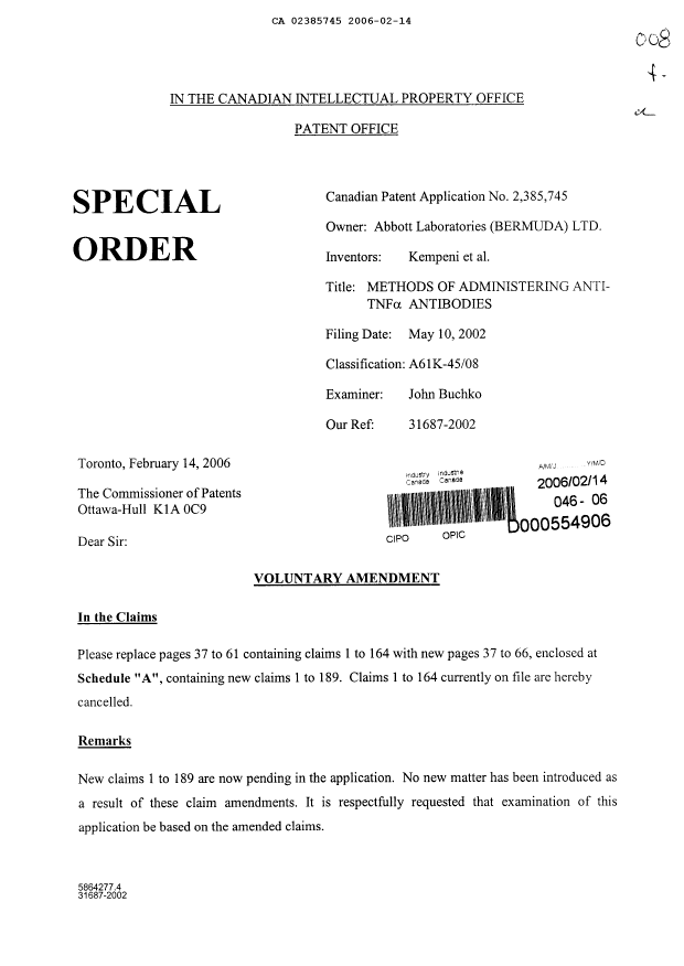 Canadian Patent Document 2385745. Prosecution-Amendment 20051214. Image 1 of 37