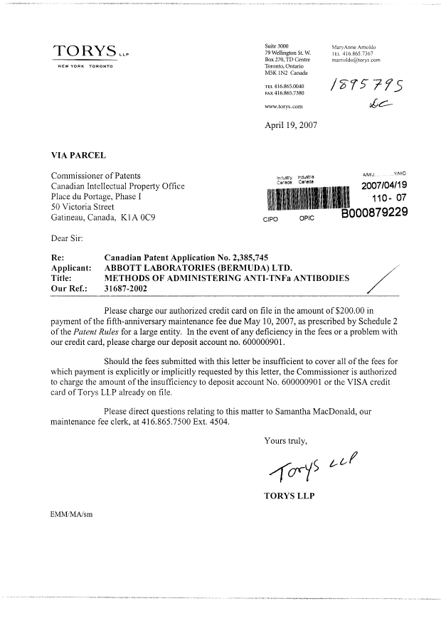 Document de brevet canadien 2385745. Taxes 20061219. Image 1 de 1