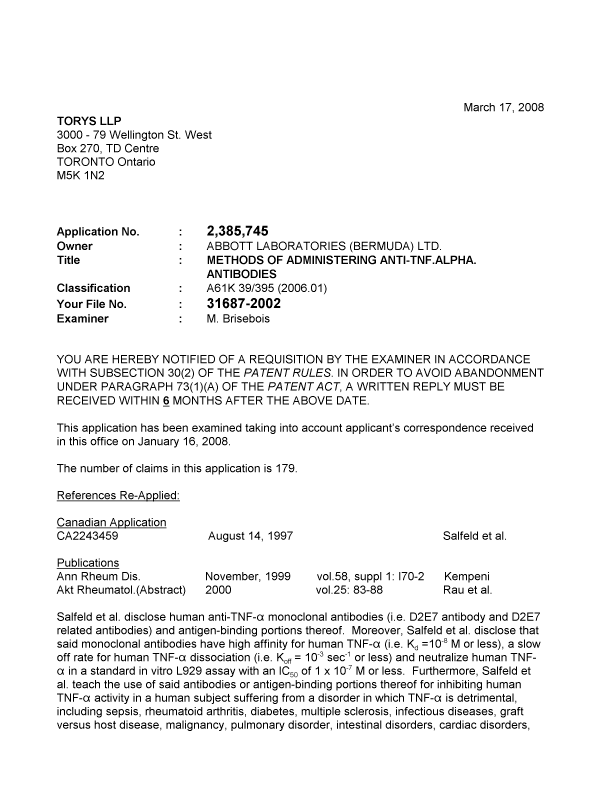 Document de brevet canadien 2385745. Poursuite-Amendment 20071217. Image 1 de 7
