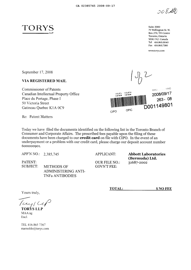 Canadian Patent Document 2385745. Prosecution-Amendment 20071217. Image 1 of 74