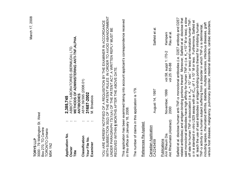 Canadian Patent Document 2385745. Prosecution-Amendment 20071217. Image 1 of 7