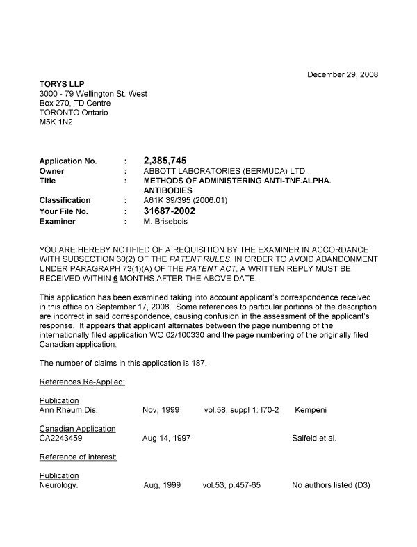 Canadian Patent Document 2385745. Prosecution-Amendment 20071229. Image 1 of 8
