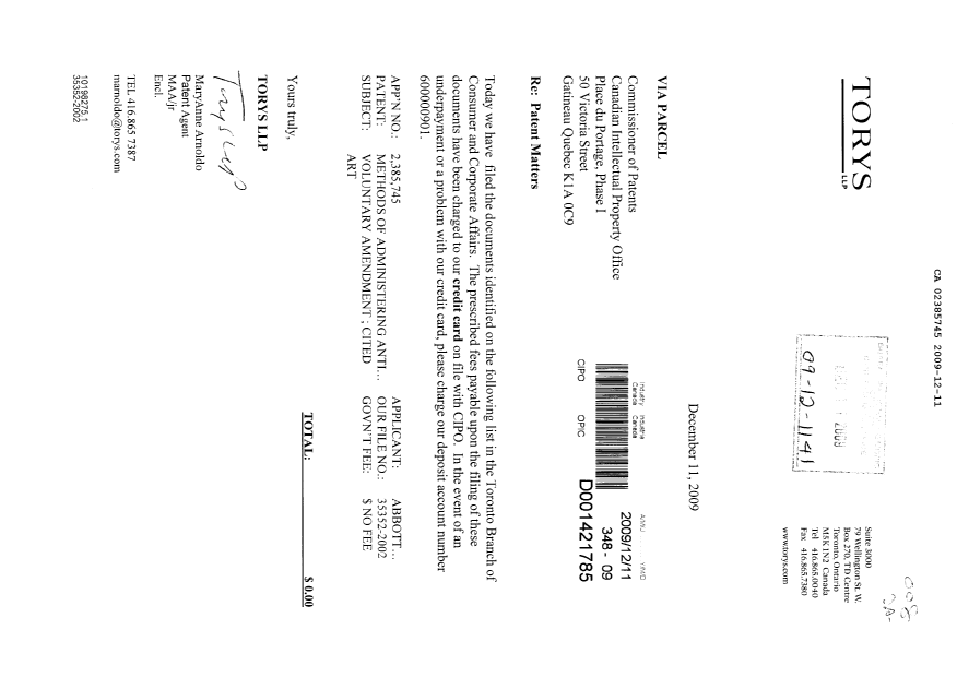 Canadian Patent Document 2385745. Prosecution-Amendment 20081211. Image 1 of 68