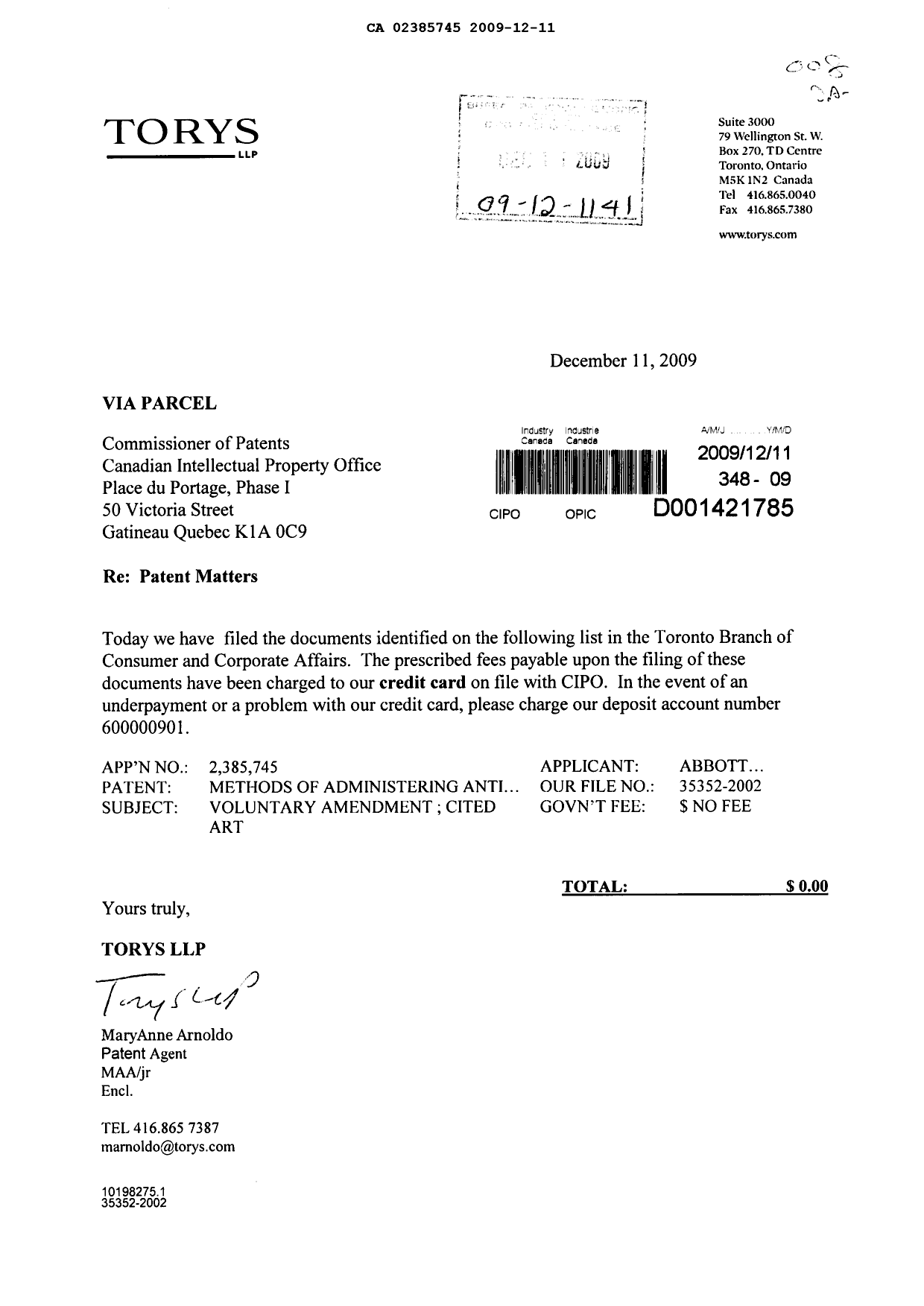 Canadian Patent Document 2385745. Prosecution-Amendment 20081211. Image 1 of 68