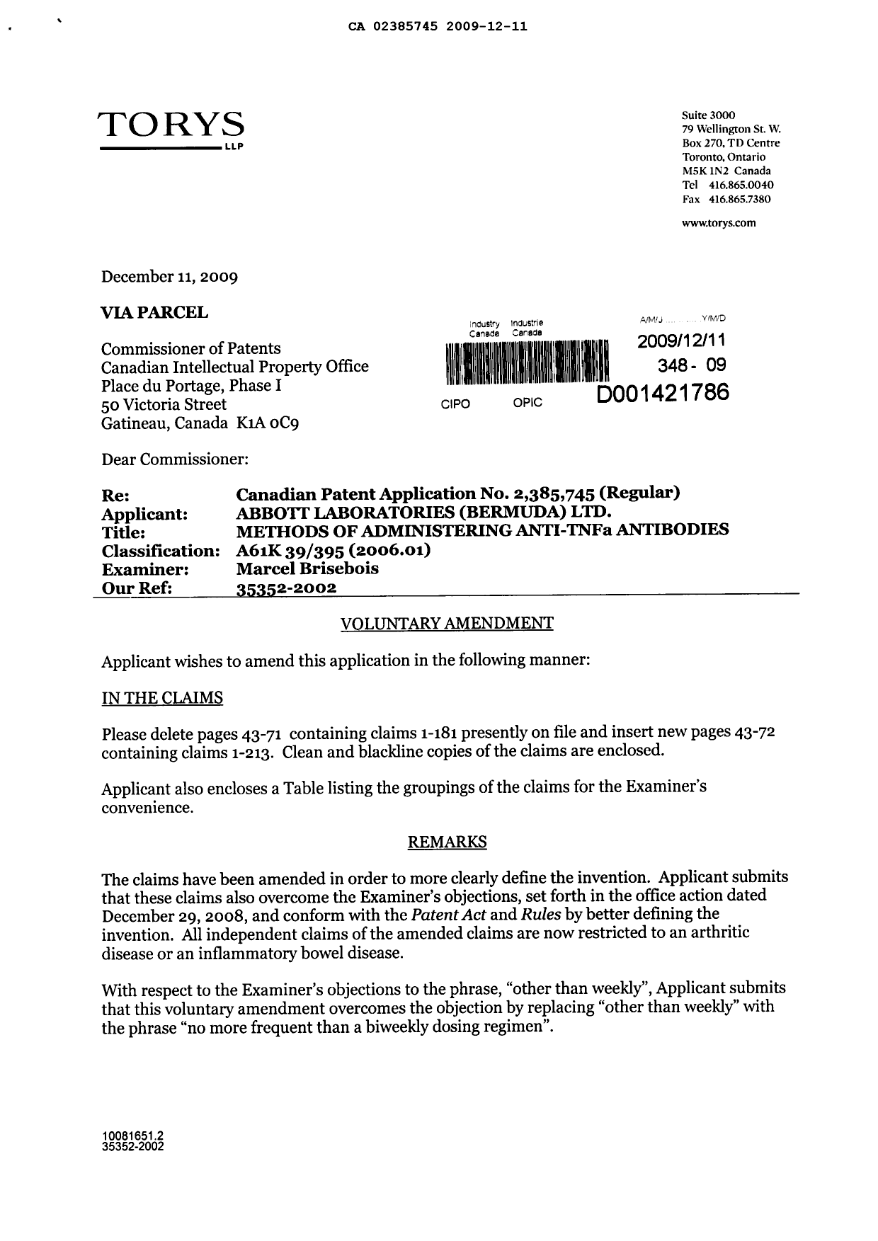 Canadian Patent Document 2385745. Prosecution-Amendment 20081211. Image 2 of 68