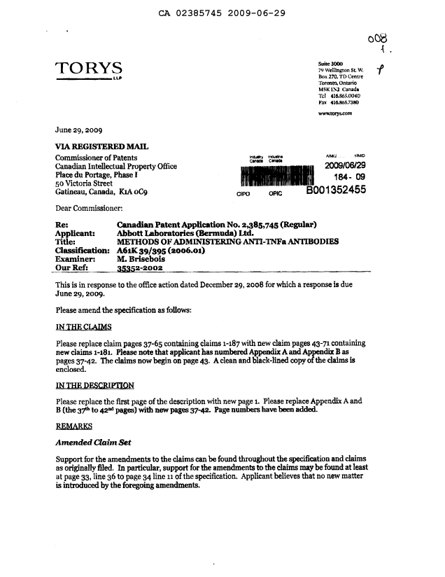 Canadian Patent Document 2385745. Prosecution-Amendment 20081229. Image 1 of 93
