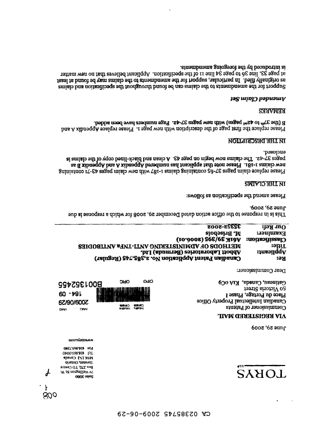 Canadian Patent Document 2385745. Prosecution-Amendment 20081229. Image 1 of 93