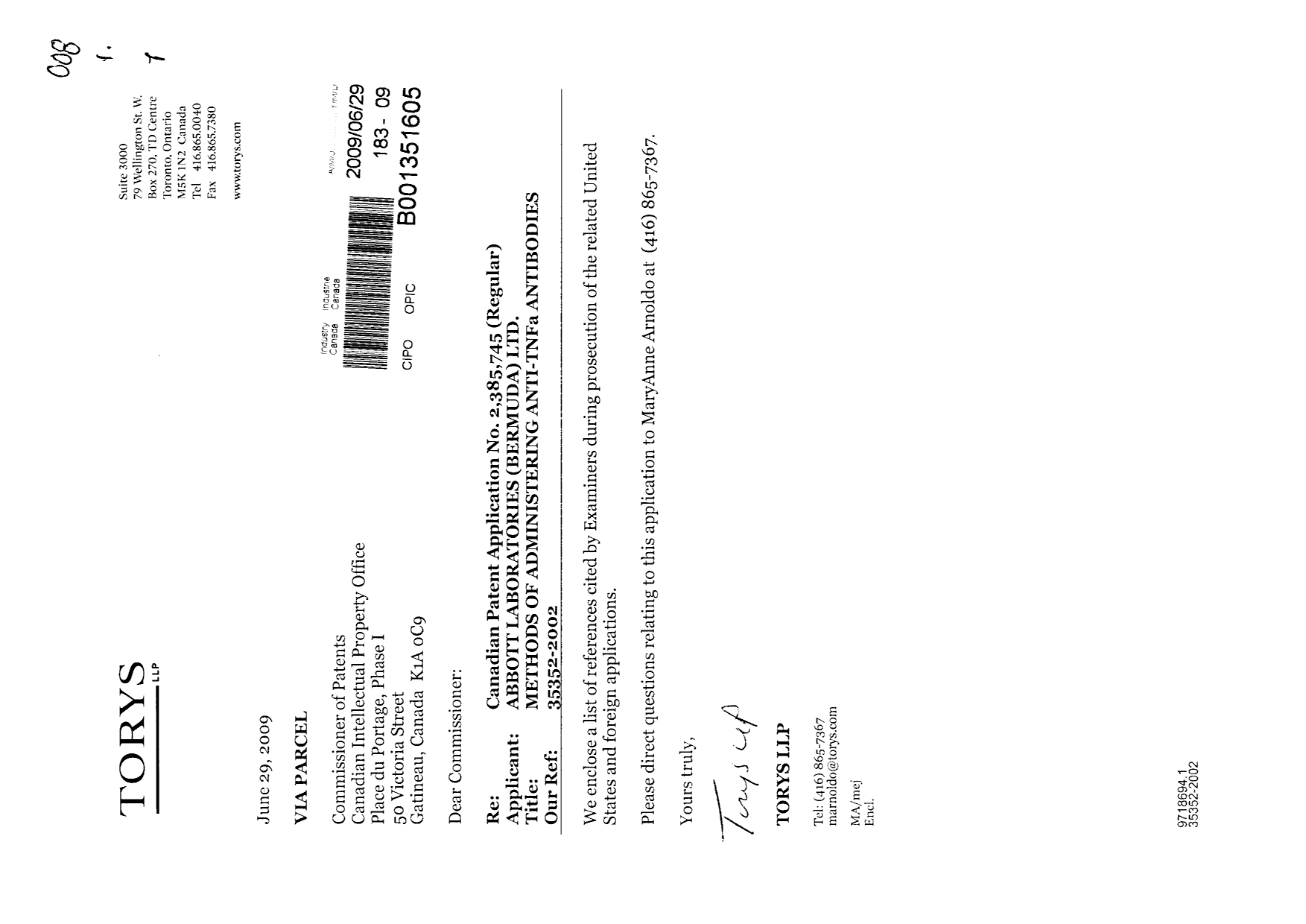 Canadian Patent Document 2385745. Prosecution-Amendment 20081229. Image 1 of 1