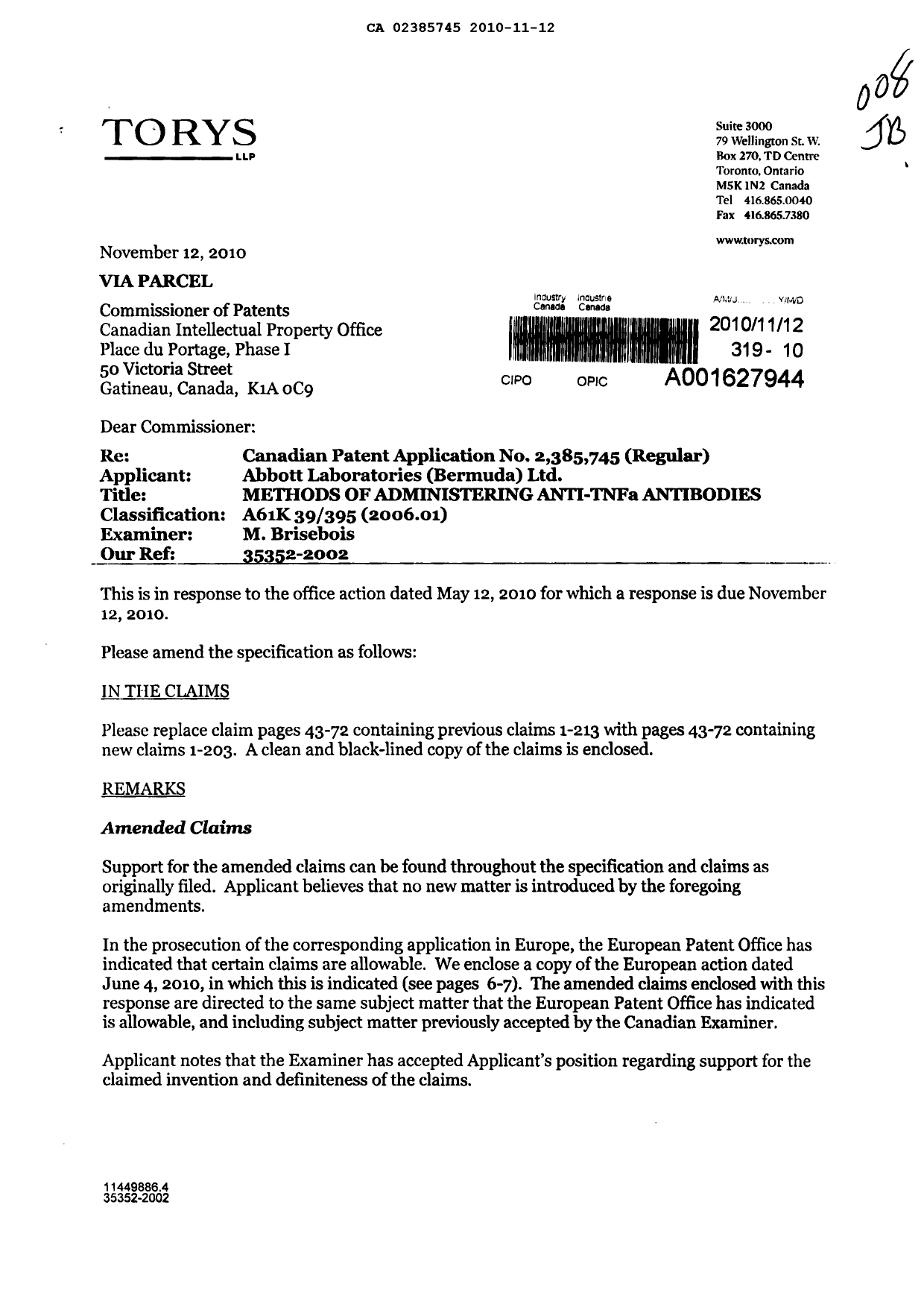 Canadian Patent Document 2385745. Prosecution-Amendment 20091212. Image 1 of 69