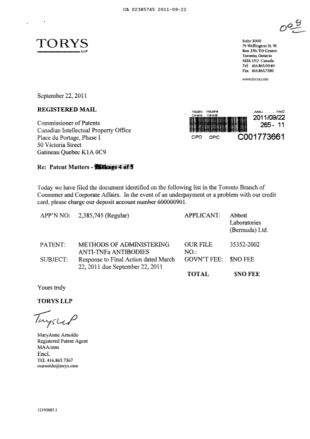 Canadian Patent Document 2385745. Prosecution-Amendment 20101222. Image 1 of 3