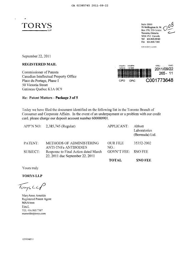 Canadian Patent Document 2385745. Prosecution-Amendment 20101222. Image 1 of 2