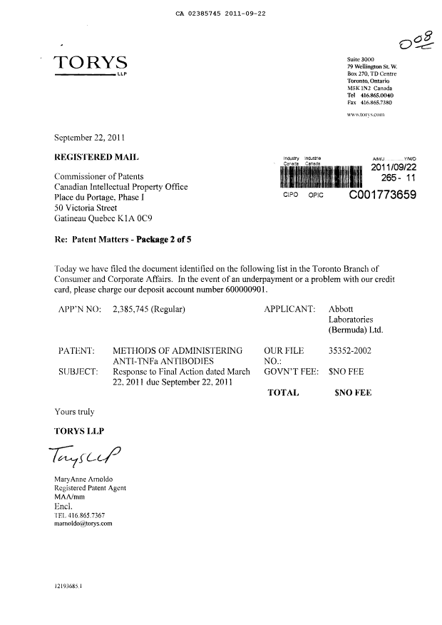 Canadian Patent Document 2385745. Prosecution-Amendment 20101222. Image 1 of 42