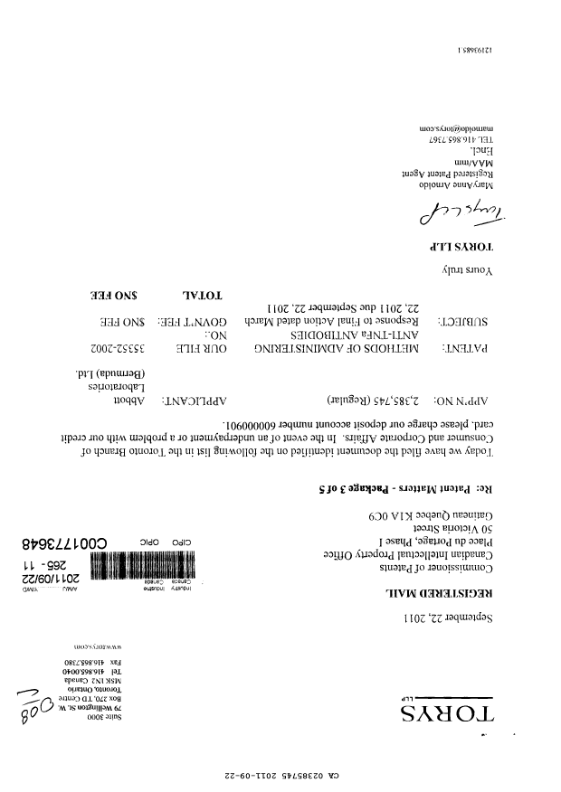 Canadian Patent Document 2385745. Prosecution-Amendment 20101222. Image 1 of 2