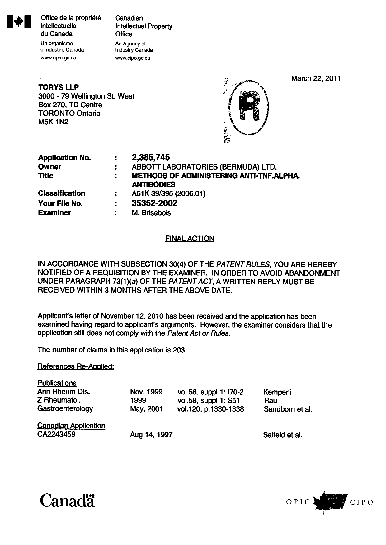 Canadian Patent Document 2385745. Prosecution-Amendment 20101222. Image 1 of 16