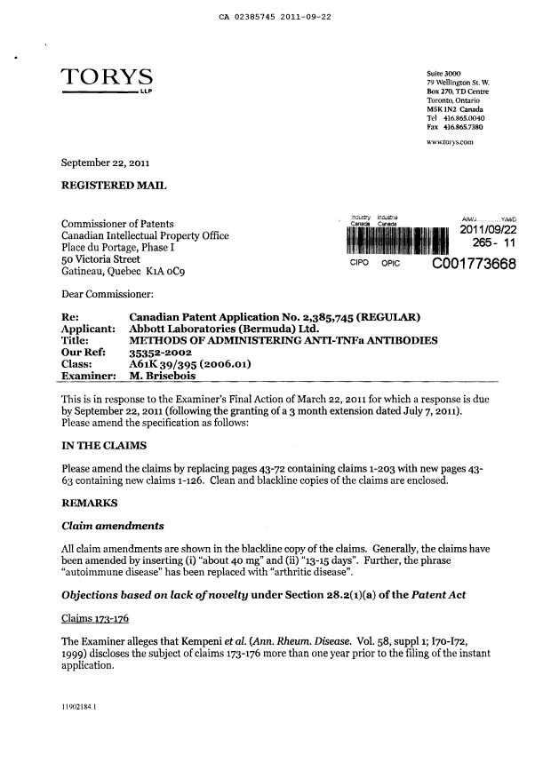 Canadian Patent Document 2385745. Prosecution-Amendment 20101222. Image 2 of 38