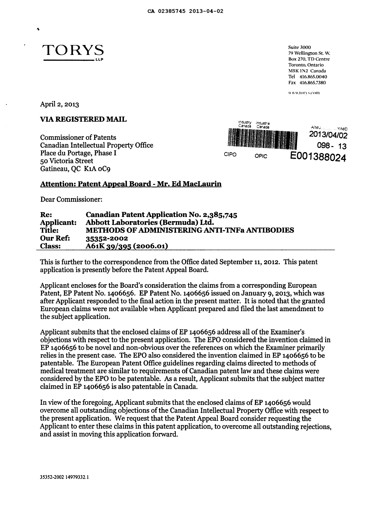 Canadian Patent Document 2385745. Prosecution-Amendment 20121202. Image 1 of 40