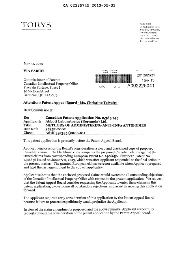 Canadian Patent Document 2385745. Prosecution-Amendment 20121231. Image 1 of 8