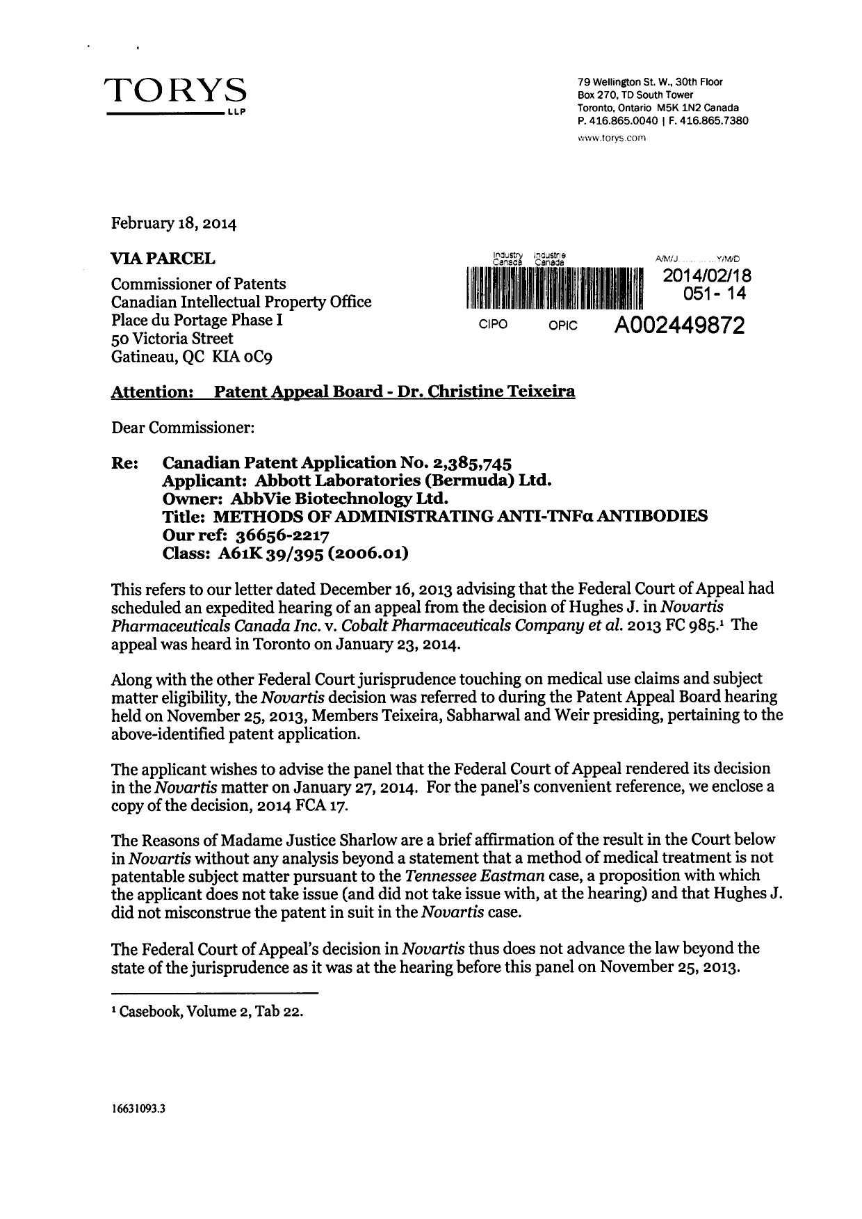 Canadian Patent Document 2385745. Prosecution-Amendment 20131218. Image 1 of 6