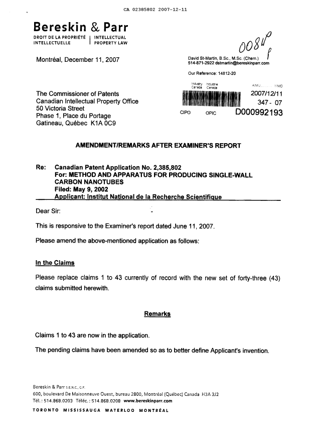 Canadian Patent Document 2385802. Prosecution-Amendment 20061211. Image 1 of 14