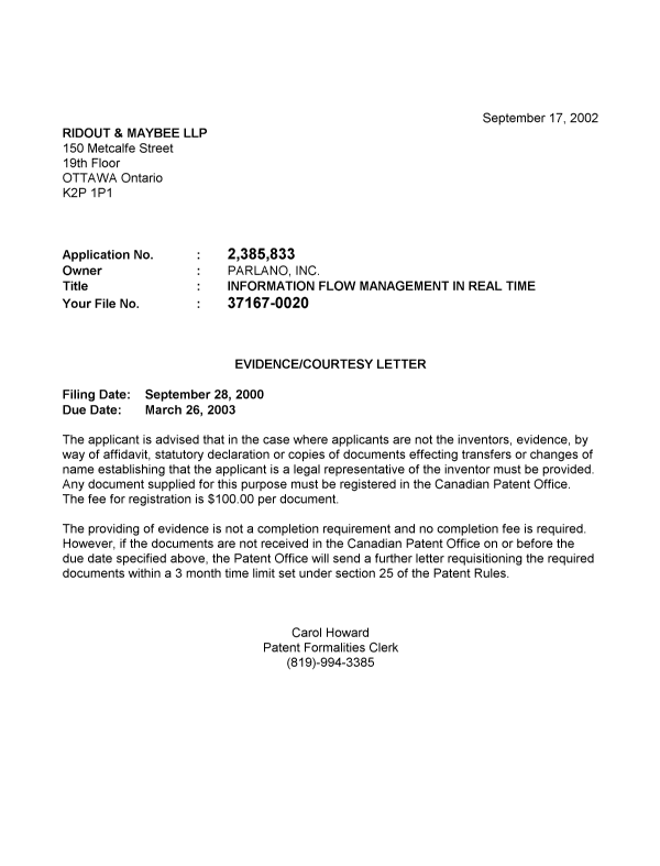 Canadian Patent Document 2385833. Correspondence 20020913. Image 1 of 1