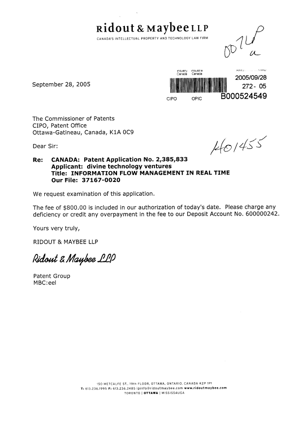 Canadian Patent Document 2385833. Prosecution-Amendment 20050928. Image 1 of 1