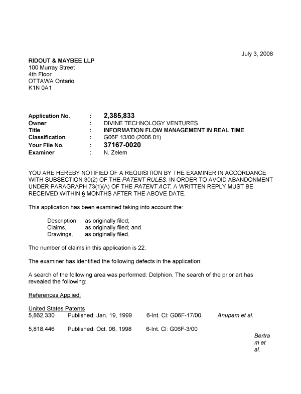 Canadian Patent Document 2385833. Prosecution-Amendment 20080703. Image 1 of 2
