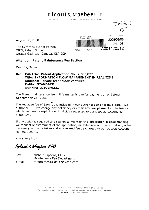 Canadian Patent Document 2385833. Fees 20080808. Image 1 of 1