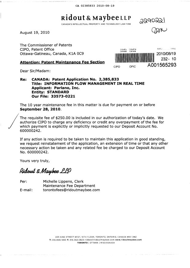 Canadian Patent Document 2385833. Fees 20100819. Image 1 of 1