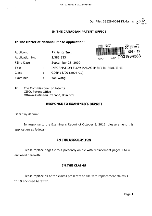 Canadian Patent Document 2385833. Prosecution-Amendment 20120330. Image 1 of 10