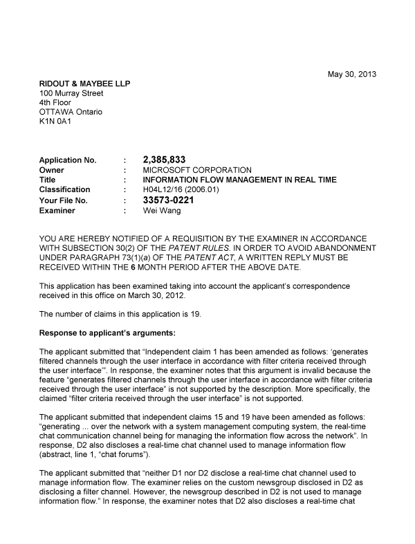 Canadian Patent Document 2385833. Prosecution-Amendment 20130530. Image 1 of 2