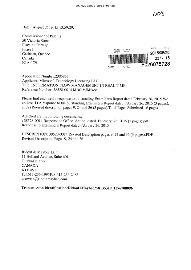 Canadian Patent Document 2385833. Amendment 20150825. Image 1 of 7